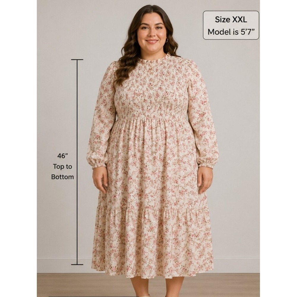 Affordable Fashion Floral Smocked Long Sleeve Midi Dress Cream w/ Pink Floral